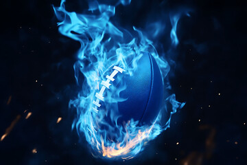 A blue football engulfed in vibrant flames with a dark background, symbolizing energy and excitement