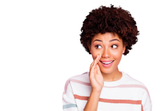 Photo of cheerful charming cute nice black millennial whispering you new information staring at empty space smiling toothily wearing striped white sweater isolated pink pastel color background