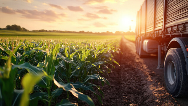 Sunset-lit truck hauling corn harvest along dusty rural road, golden crops framing agricultural landscape