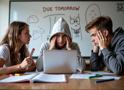 Focused students studying around a laptop with exam notes on a whiteboard in the background.