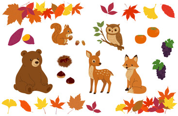 秋の落ち葉と果物と動物のセット