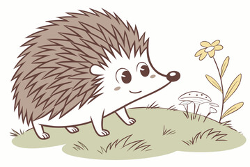 Cute Hedgehog with Flower and Mushroom Illustration