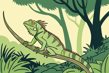 Green Iguana in Jungle - Tropical Reptile Illustration