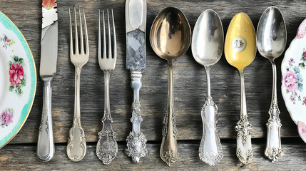 and spoons placed on cracked porcelain plates on an old picnic table