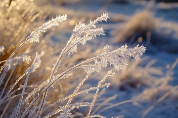 Delicate frost crystals sparkle on dry grass stalks in warm morning sunlight