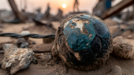tangled in barbed wire fence under an orange sunset and scattered debris