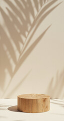 A rustic wooden log podium with palm leaf shadows on a cream-colored wall. Ideal for natural and organic product displays and earthy cosmetic brands.
