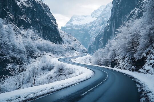 Winding mountain road through a snowy gorge with bare trees - Powered by Adobe