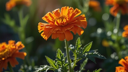 A Radiant Marigold Capturing Crisp Morning Sunlight in Late Summer