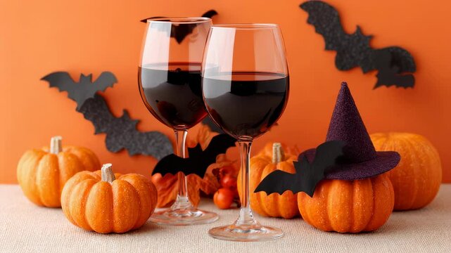 Two glasses of red wine for Halloween party. Pumpkins and bats decoration for spooky holiday celebration event. footage.