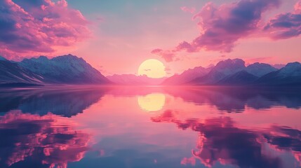 A pastel-hued sunset reflecting on a glassy lake, creating a mirror effect 