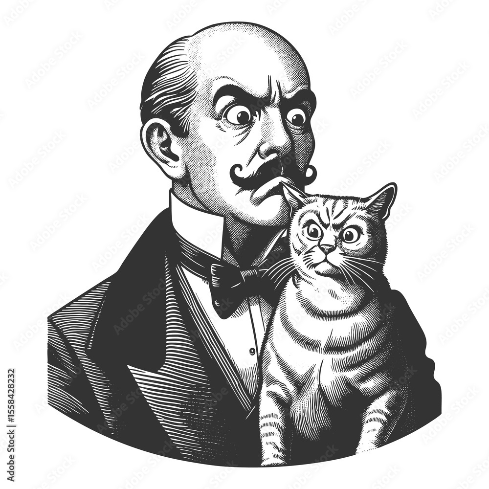 Poster man with a curled mustache holding a startled cat, both wearing confused expressions sketch engravin