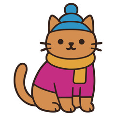 cute cat wearing warm clothes flat color vector illustration template design