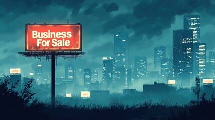 A modern city skyline with a billboard saying "Business For Sale"
