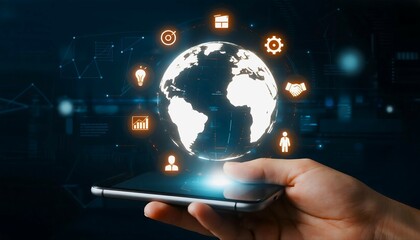 Hand holding smartphone displaying glowing global network with business icons symbolizing digital transformation and connectivity