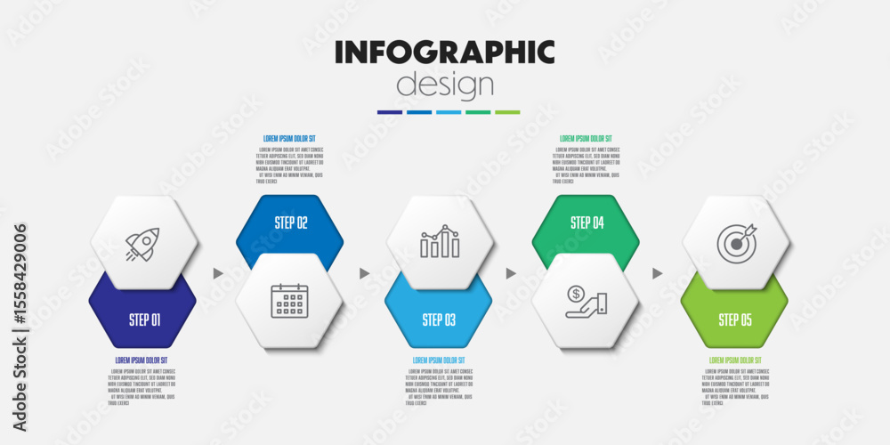 Poster presentation infographic template with concept business icon 5 step colorful hexagon shape