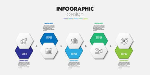 Presentation infographic template with concept business icon 5 step colorful hexagon shape