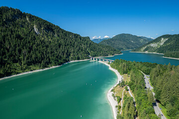 Germany, Bavaria, aerial view to Sylvenstein reservoir