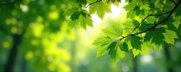 Fototapeta premium Serene Summer Sunlight Filtering Through Lush Green Leaves, Gentle Breeze, Peaceful Nature Scene