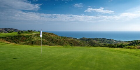 The serene golf course overlooking a stunning ocean view on a sunny day.