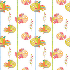 Fish and stripes. Seamless pattern of funny fish and colorful stripes and twigs on a white background. Pencil drawing.