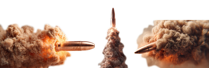 High-speed bullet piercing through thick cloud of dust on transparent background
 