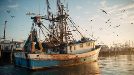 Fototapeta premium A traditional fishing boat rests in a calm harbor during sunset, illuminated by warm light