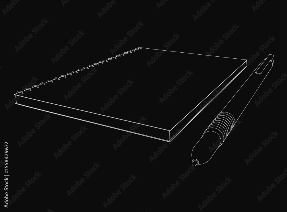 Poster black and white sketch of an open notebook with a pen resting on top, placed on a dark background. t