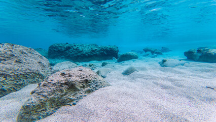 Underwater photos from Falasarna capture vibrant fish swimming above pink-tinged sand in crystal-clear waters