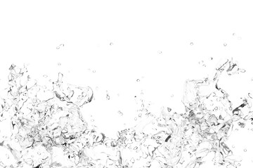 A grayscale image depicts a dynamic splash of water against a stark black background.  The water...