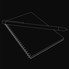 Black and white drawing of an open notebook with blank pages, featuring a pen resting beside it, ready for writing. The simple, elegant composition highlights creativity and productivity.