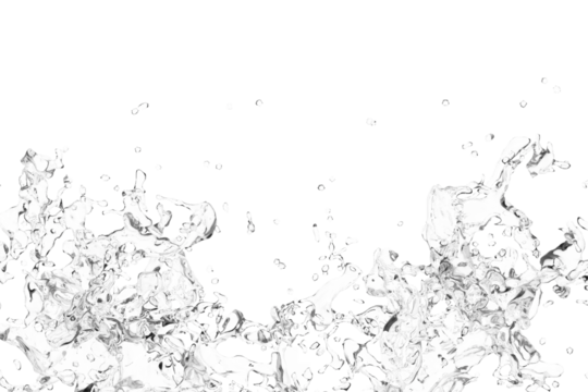 A grayscale image depicts a dynamic splash of water against a stark black background.  The water appears translucent, with varied textures and densities, creating a sense of motion and energy. 