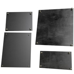 Three dark gray metallic plates, possibly metal or plastic. Each plate features a textured surface and is fastened, evenly spaced rivets or bolts.  The plates vary slightly in size and texture