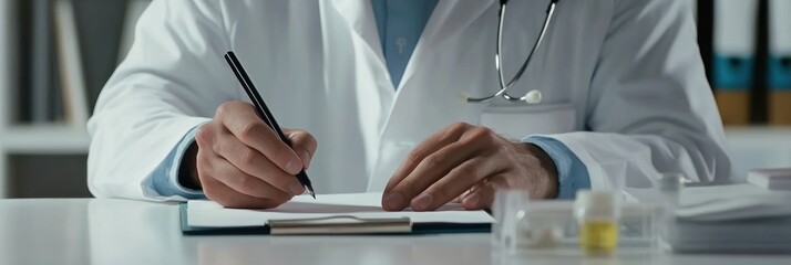 Doctor hands writing on paper document at a desk.. Healthcare research, schedule app and clinic planning. Medical person on digital technology and journal for telehealth, notes and reminder or planner