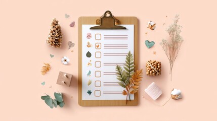 Flat Lay of Wooden Clipboard Checklist with Decorations on Peach Background in a Clean Presentation