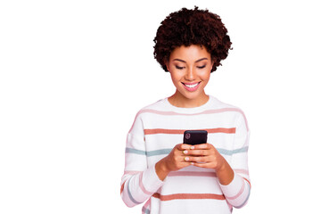 Photo of pretty dark skin wavy lady holding telephone addicted to internet reposts and comments...