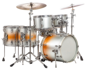 Drum set percussion instrument metallic finish orange gradient isolated on transparency background modern music shiny hardware professional equipment energetic vibe