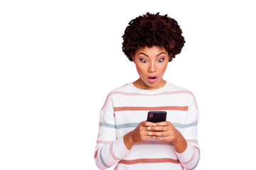 Photo of horrified feared astonished girl negative in panic holding telephone with hands seeing sales ceased wearing white striped sweater looking without isolated pink pastel color background