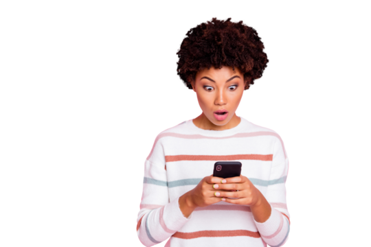 Photo of horrified feared astonished girl negative in panic holding telephone with hands seeing sales ceased wearing white striped sweater looking without isolated pink pastel color background