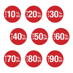 MAX10％OFFからMAX90％OFF までの文字入りイラストのセット　円形に白文字　背景透過　赤色　
