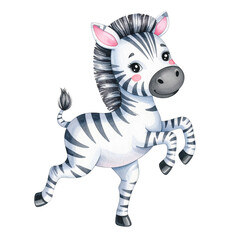 Playful Zebra Cub: A captivating watercolor illustration of a cheerful zebra cub prancing gracefully, capturing the spirit of playful innocence and vibrant colors.