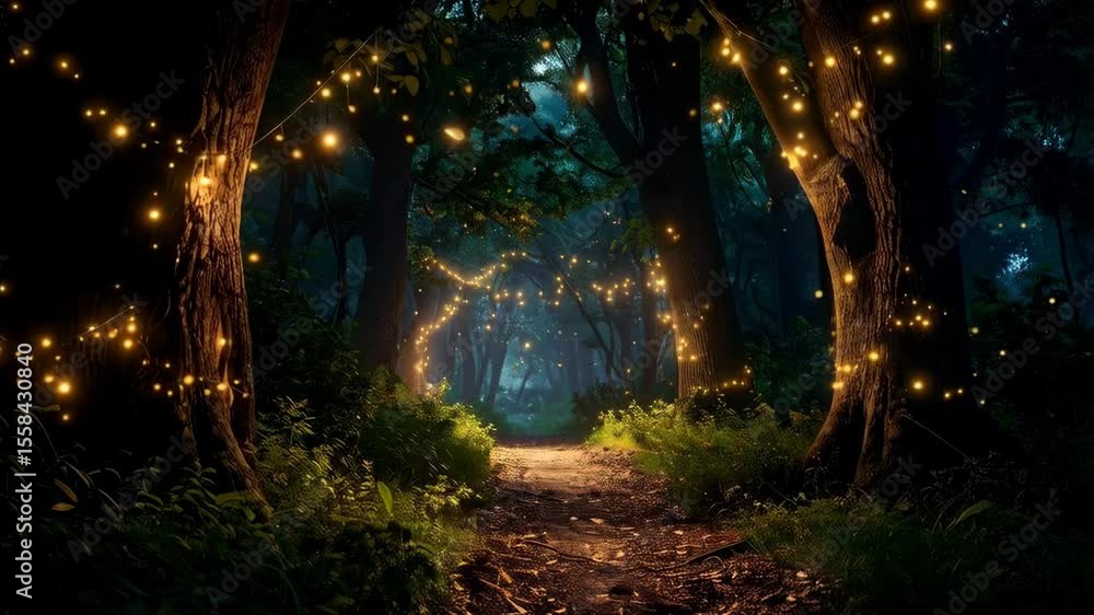 Poster enchanted forest path illuminated by string lights, creating a magical and whimsical atmosphere with
