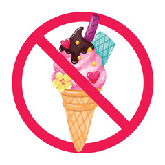 No ice cream sign, forbidden ice cream sign, ice cream cone with red crossed circle, do not eat ice cream sign, no sweet treat warning sign