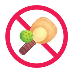 No pickleball sign, forbidden pickleball sign, pickleball paddle and ball with red crossed circle, do not play pickleball symbol