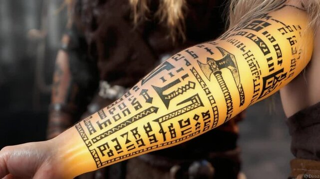 Showing Detailed Arm Tattoo Design With Axe Motif