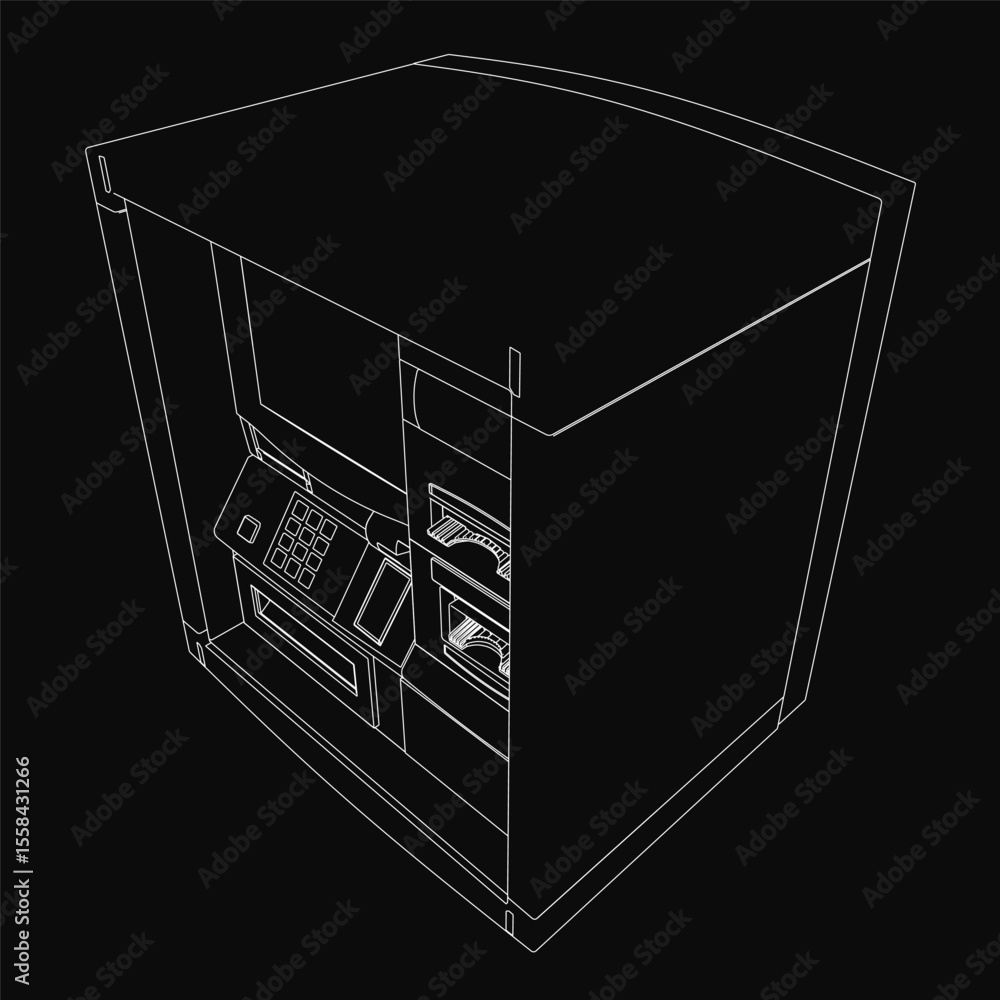 Poster a black and white 3d outline of an atm machine on a dark background, featuring realistic details and