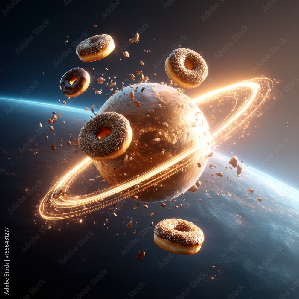 Poster ringed planet surrounded by floating donuts in dark space with glowing light trails a whimsical conc