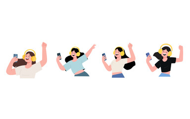 Illustration of happy woman dancing with headphones and phone