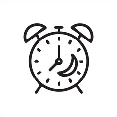 Simple line art alarm clock with moon icon indicating sleep time
