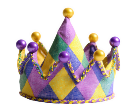 Colorful jester hat with purple, yellow, and green diamond pattern, gold and purple ball accents, festive and playful, isolated on transparency background